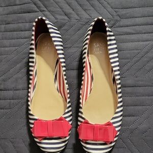 Saks Fifth Avenue Navy Striped Flats with Red Bow